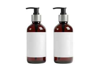 Two brown bottles with pump dispensers and blank labels on a black background