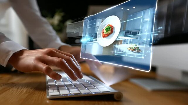 Hands interacting with a keyboard, faceless posture, monitor defocused to show only soft outlines of a kitchen plan, with copy space