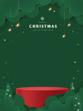 Christmas greeting poster template with paper art forest, hanging ornaments, stars, and product display podium for holiday promotion, celebration banner, and festive background.