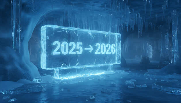 Icy transition from 2025 to 2026, a frozen future in a blue, wintery landscape
