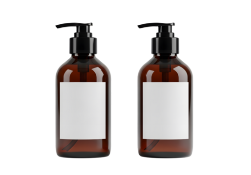 Two brown pump bottles with blank white labels on a dark background studio shot