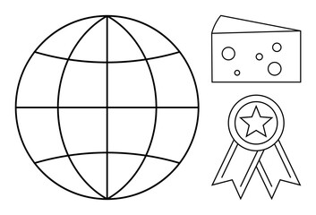 Globe symbolizes global connections, cheese represents food export, award ribbon signifies quality. Ideal for trade, export, economy, food industry, international business, certification