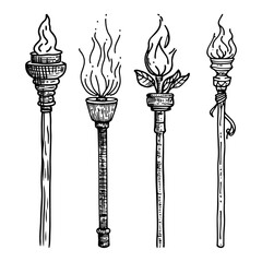 Vintage burning torch collection set with flames hand drawn sketch style vector illustration