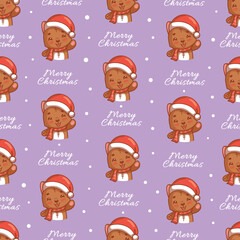 Seamless vector Christmas pattern with a cat and the inscription "Merry Christmas", funny vector illustration on a purple background