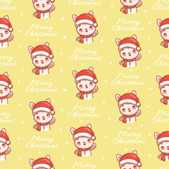 Seamless vector Christmas pattern with a bunny in a Santa hat and the inscription "Merry Christmas", festive vector illustration on a yellow background
