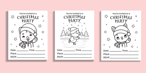 Set of Christmas invitation cards with cute kawaii animals, vector coloring pages for kids