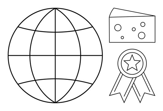 Globe symbolizes global connections, cheese represents food export, award ribbon signifies quality. Ideal for trade, export, economy, food industry, international business, certification