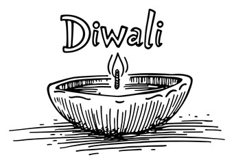 Diwali oil lamp hand drawn festive diya sketch vector illustration