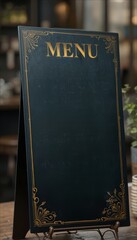 A decorative menu stand with a dark green cover and gold lettering. The stand is placed on a wooden table in a cozy restaurant setting.
