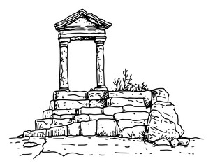 Ancient stone ruins with archway and crumbling steps historical architecture vector sketch illustration of archaeological site
