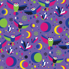 Fototapeta premium Christmas Owl Pattern Vector. Seamless Winter Pattern Background with Owls, Moon, and Ice.