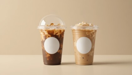 Two iced coffee drinks in clear cups with whipped cream and caramel drizzle on a beige background. One is dark, the other is light.