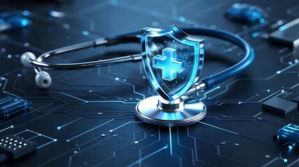 Digital health security shield with stethoscope on circuit board represents futuristic medical technology and cybersecurity