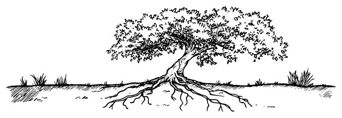 Old twisted tree with exposed roots and foliage in field vintage sketch vector