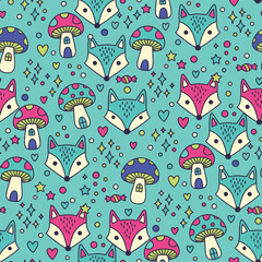 Naklejka premium Christmas Fox Pattern Vector. Seamless Forest Pattern Background with Fox, Mushroom, and Star.
