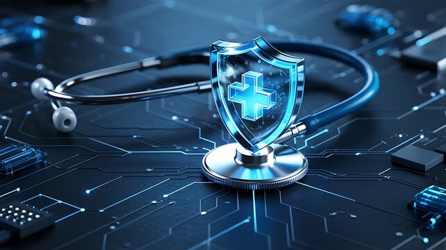 Digital health security shield with stethoscope on circuit board represents futuristic medical technology and cybersecurity - Powered by Adobe