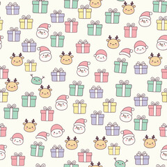 Christmas Holiday Pattern Vector. Seamless Christmas Present Pattern with Santa Hat, Snowman, and Reindeer. Merry Christmas Festive Seamless Pattern Background.
