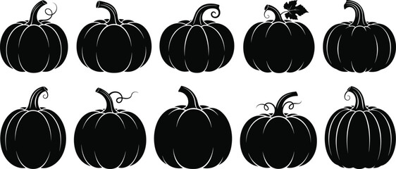 Set of pumpkin silhouettes, black halloween vegetable icons, autumn harvest vector illustration, thanksgiving food collection, fall season design elements, isolated on white background