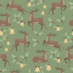 Christmas Deer Vector. Seamless Holly and Bell Pattern with Graceful Deers. Nordic Forest seamless pattern Background.