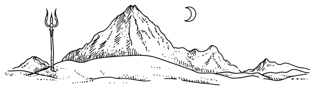 Sacred mountain landscape with shiva trident and crescent moon hand drawn vector sketch illustration