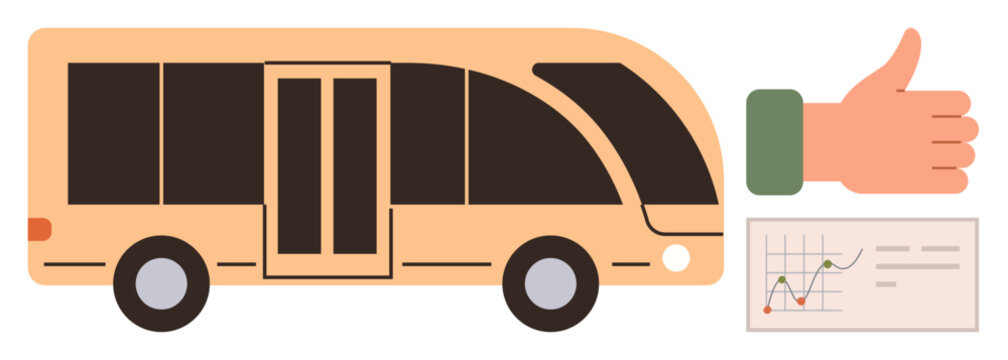 Urban bus illustrated with approval hand sign and performance graph suggesting positive review. Ideal for public transport, service quality, urban mobility, user satisfaction, transportation