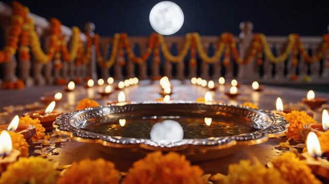 Karva Chauth Full Moon Reflection Diyas Marigold Flowers Night Ceremony