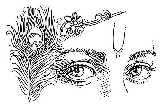 Hand drawn close up portrait of Lord Krishna eyes with peacock feather and forehead tilak mark