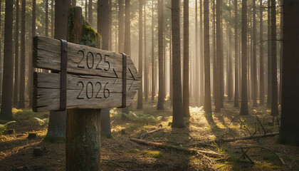 Navigate your future decisions with this weathered forest signpost for 2025, 2026