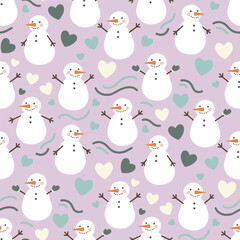 Cute Christmas Pattern Vector. Seamless Festive Pattern Background with Snowmen, Hearts and Lines. Holiday Decorative Whimsical Print Wrapping Paper.