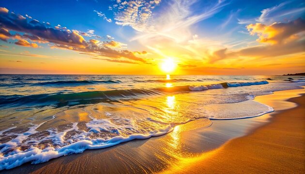 A serene coastal landscape illuminated by the radiant glow of a sunset
