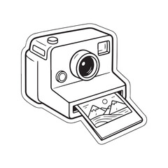 Hand drawn sketch of a vintage instant camera printing a photo. Retro photography doodle illustration of a camera ejecting a landscape picture isolated on white background.
