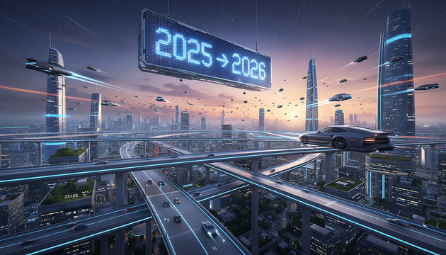 Futuristic cityscape with flying cars, innovation and transportation of the future - Powered by Adobe