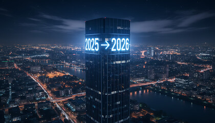 Futuristic cityscape with skyscraper displaying 2025 to 2026 business timeline