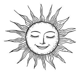 Hand drawn vintage sun face illustration with closed eyes and rays in celestial boho style