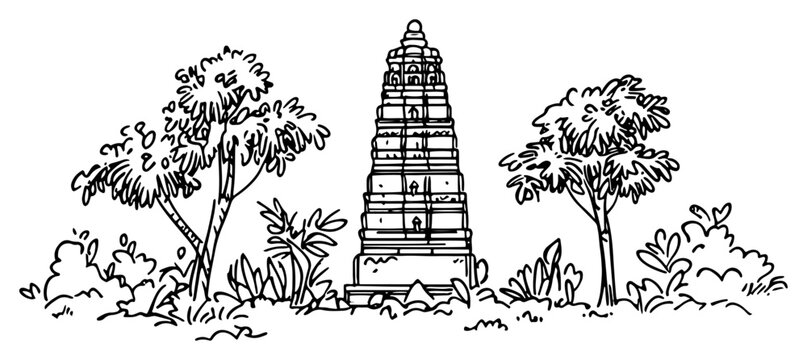 South indian temple tower architecture surrounded by trees and bushes vector sketch illustration