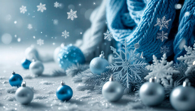 White and blue knitted Christmas background with snowflakes and Christmas tree decorations, horizontal banner, free space for text and copy