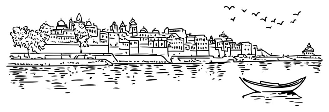 Hand drawn panoramic sketch of Varanasi city ghats along Ganges river with boat and birds