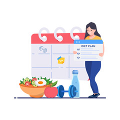 Woman with diet plan. Healthy eating and nutrition, proper diet. Dietician with clipboard. Flat vector illustration