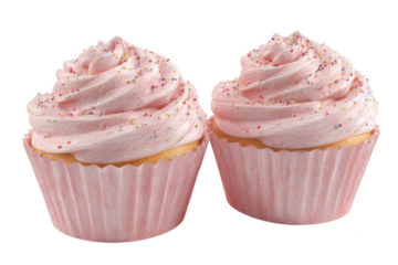 Two tempting cupcakes featuring generous swirls of fluffy pink frosting and vibrant sprinkles on a simple dark background