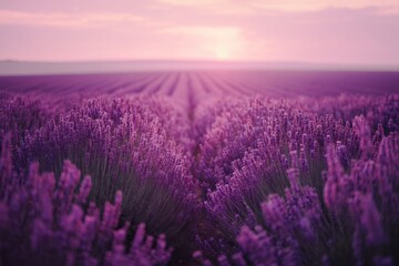 Fototapeta premium Vibrant lavender field at sunset with rows of purple flowers and sky
