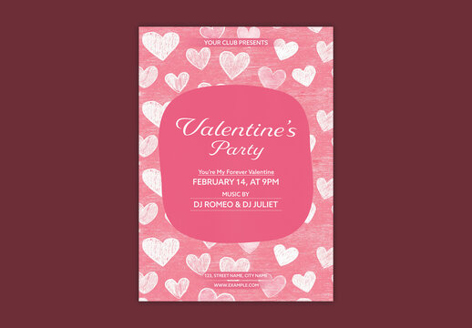 Editable Happy Valentine's Day Party Flyer Template in White and Pink Hearts Pattern Background.