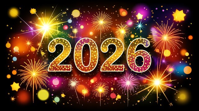 Sparkling 2026 numbers glowing brightly amidst a vibrant explosion of colorful fireworks and festive illuminations celebrating the new year