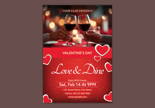 Editable Happy Valentine's Day Party Flyer Template with Romantic Dinner Theme in Red Color Theme.