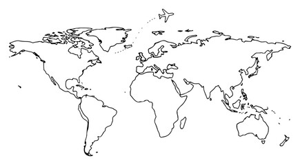 World Map Outline With Continents And Airplane Travel Route Vector