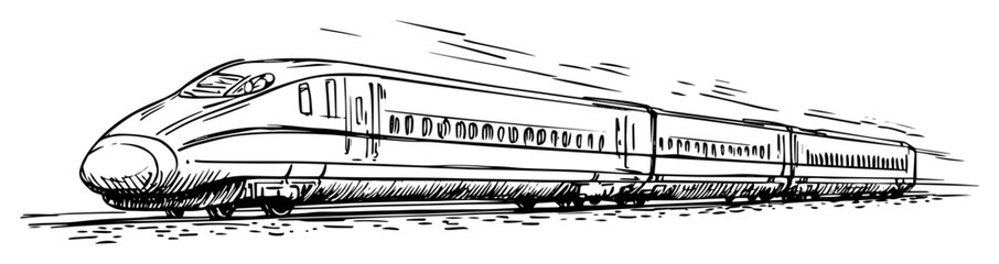 Modern high speed bullet train moving fast on railway track hand drawn vector sketch illustration © Kaz