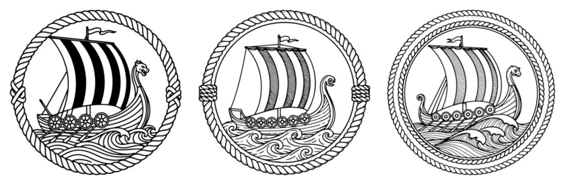 Viking Longship Emblem Set In Round Nautical Frame Vector Illustration