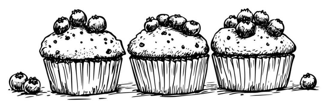 Blueberry Muffin Cupcakes Dessert Hand Drawn Sketch Vector Illustration