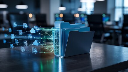 Futuristic glowing digital data streams flowing from a server rack in a modern data center environment