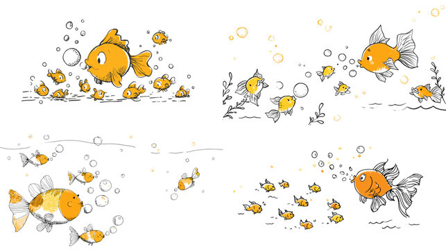 Playful goldfish illustrations featuring parent and baby fish swimming underwater with bubbles and simple aquatic plants. Ideal for kids themes, nursery prints, and cute marine storytelling artwork.
