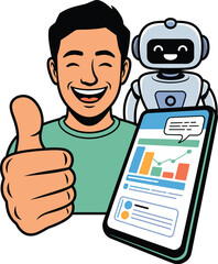 Happy Man Giving Thumbs Up with AI Robot Showing Positive Data and Analytics Illustration
